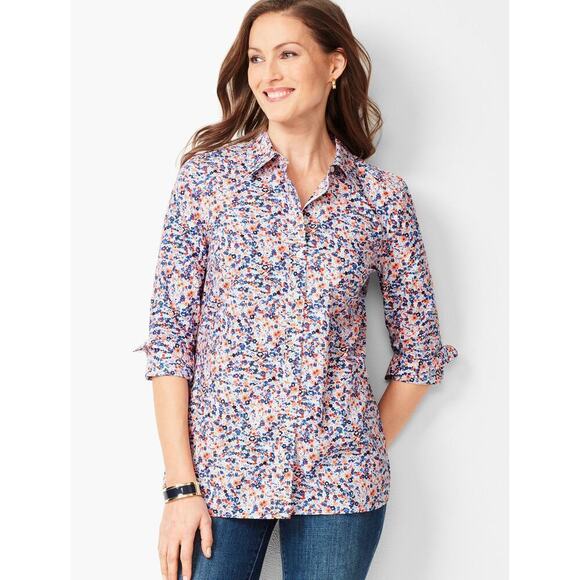 Talbots shirt women's‎ size XL orange blue floral Classic Cotton button up top - Picture 2 of 10